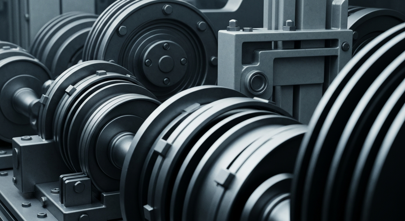 An extreme close-up of heavy, industrial banking equipment and machinery in muted tones, representing the complex financial infrastructure that underpins global markets.