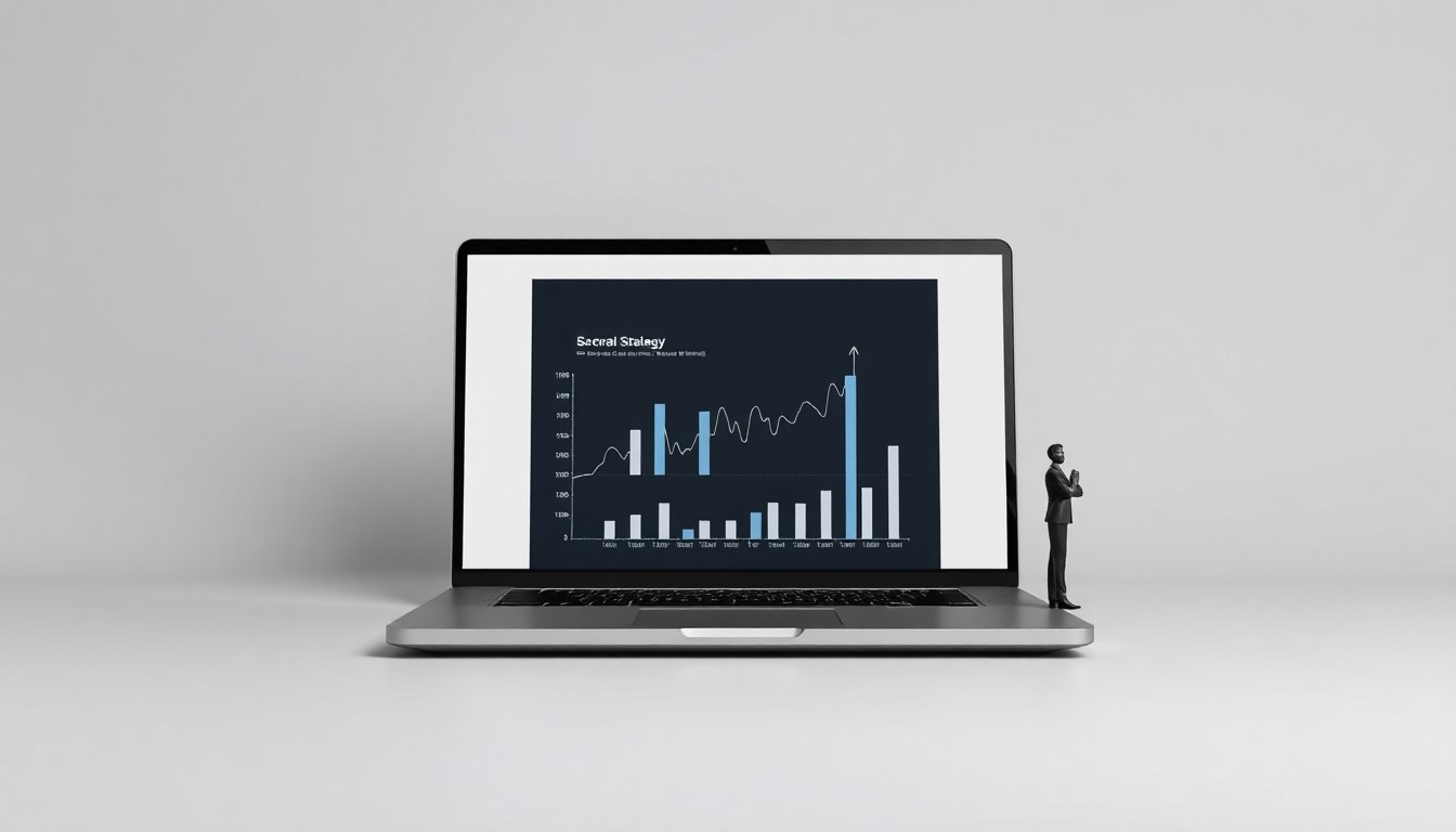 A minimalist studio still life featuring a sleek laptop, a stylized data visualization chart, and a small human figurine, all arranged elegantly on a clean, monochromatic background, conceptually representing the power of SplashBI's AI-driven people analytics solutions.