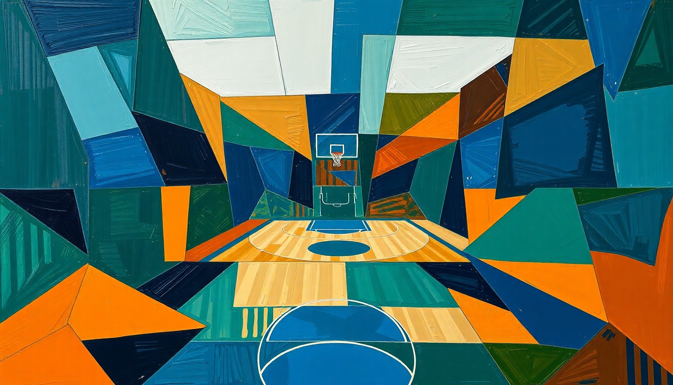 A cubist-style painting featuring overlapping geometric shapes in navy, green, and orange, conceptually representing the focused, game-by-game mentality of the Oklahoma City Thunder as they defend their NBA title.
