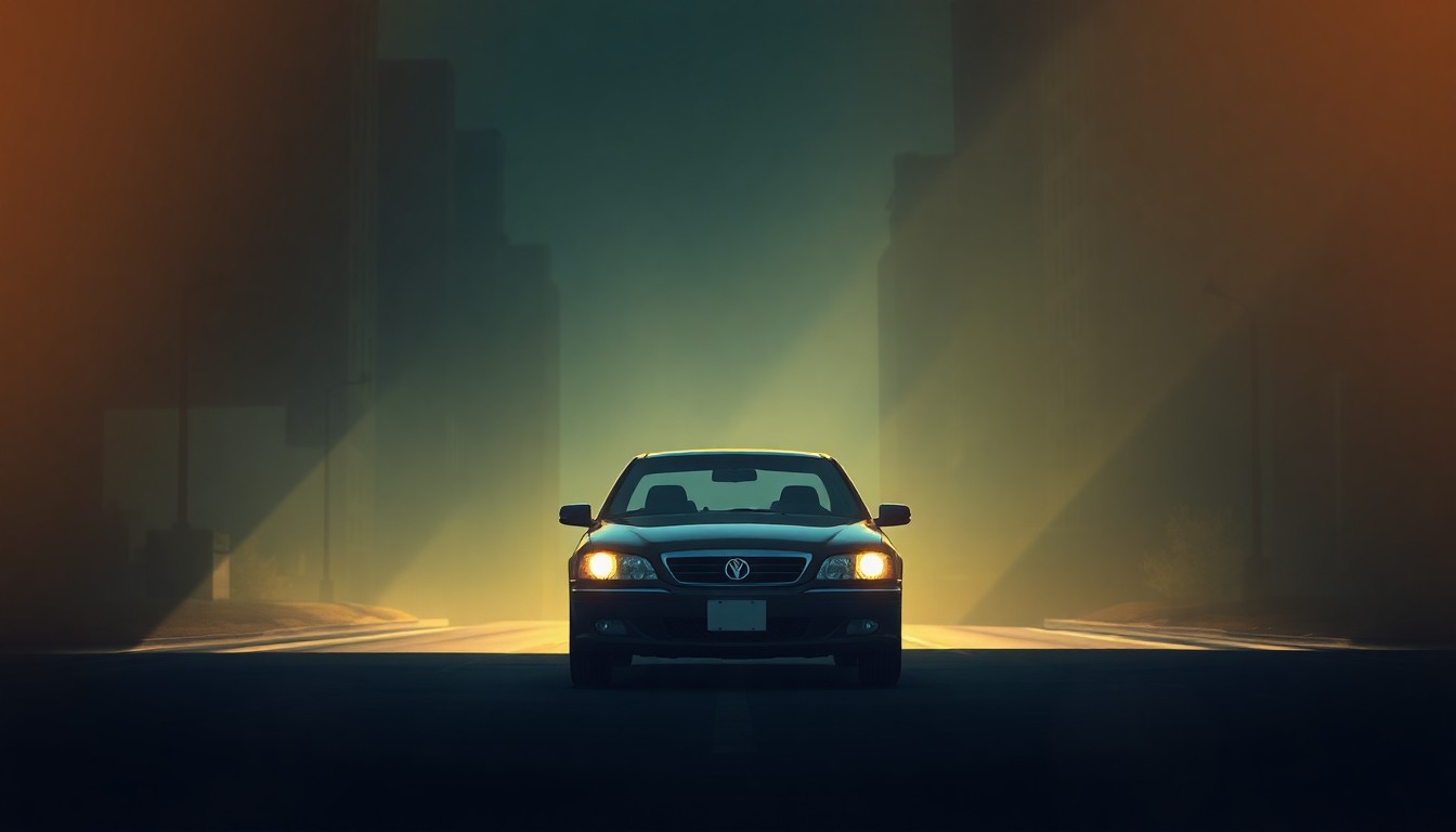 A cinematic painting of a solitary car parked on a city street, with warm sunlight and deep shadows creating a sense of vulnerability and tension.