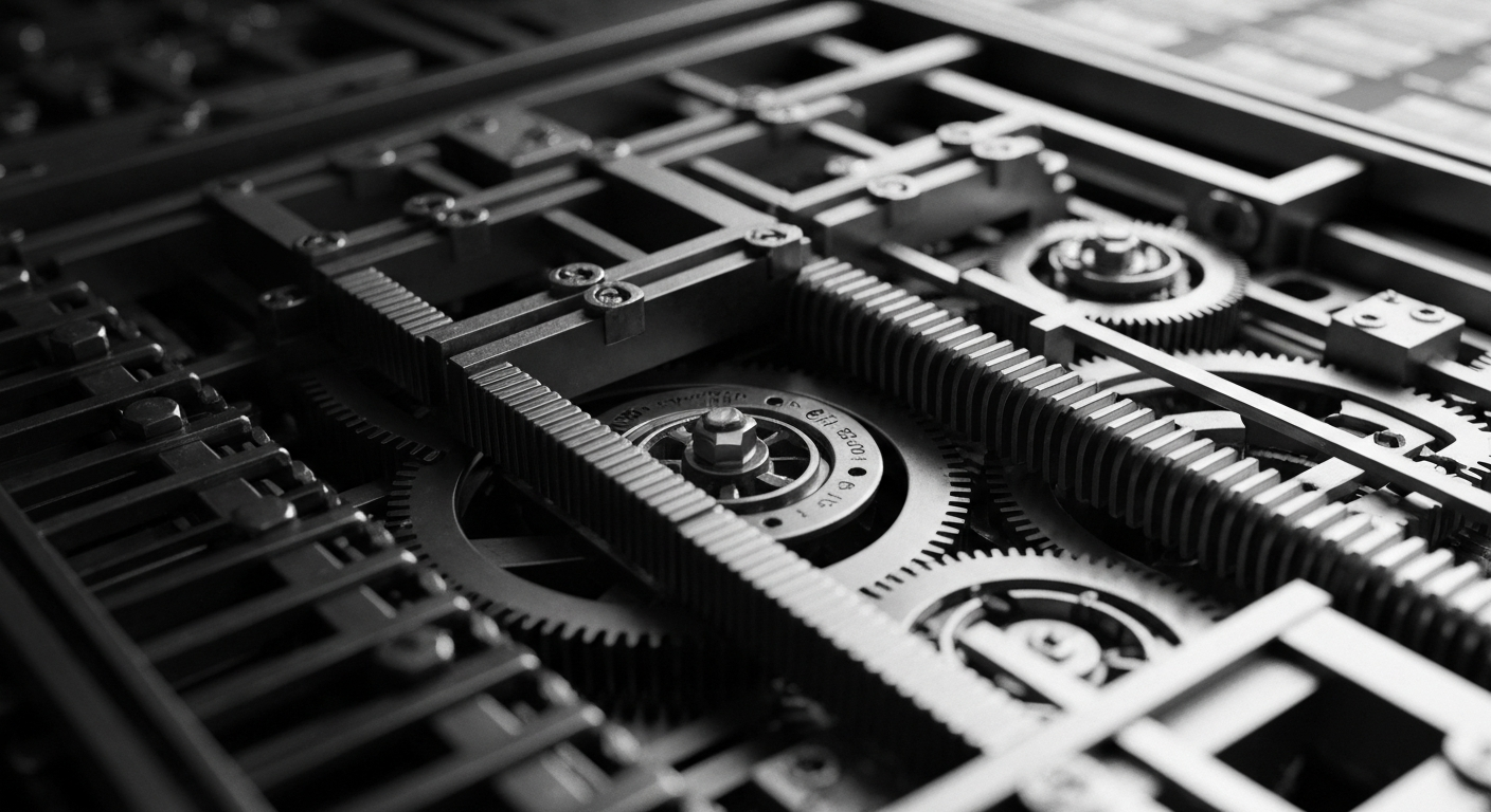 A dramatic, high-contrast close-up of the inner workings of a financial trading system, with gears, circuits, and other mechanical components filling the frame, representing the behind-the-scenes infrastructure that supports the growth of major technology companies.