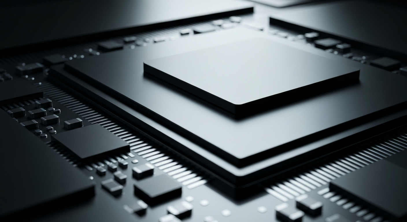 A highly detailed, black-and-white close-up image of the complex circuitry and components inside a computer chip, conveying the technological sophistication and industrial nature of NVIDIA's hardware.