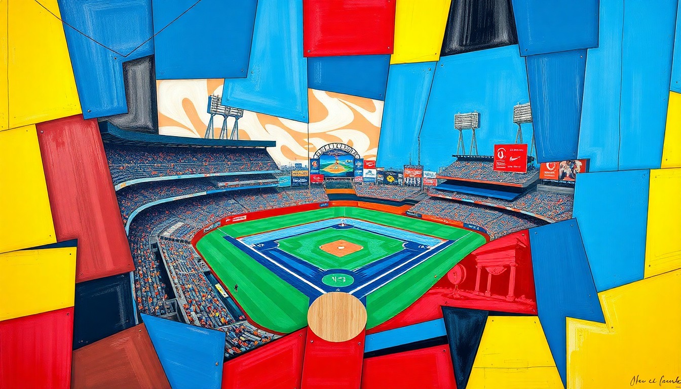A fragmented, geometric painting depicting the motion and intensity of a baseball game, with sharp planes of color and overlapping shapes representing the excitement surrounding the rise of these top minor league talents.