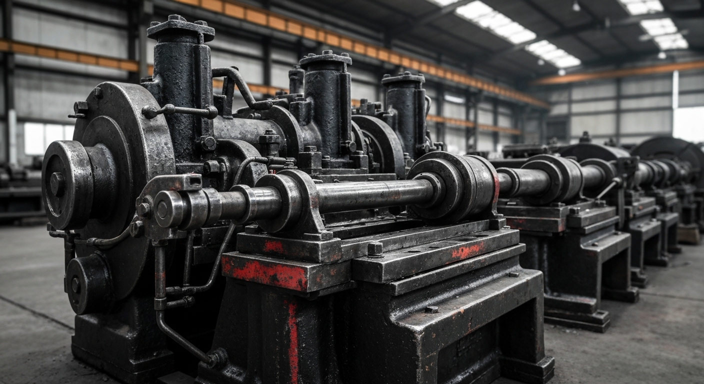 An extreme close-up of industrial auto parts machinery, conveying the heavy, physical nature of the business without using any text or identifiable elements.
