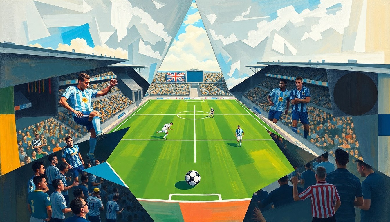 A cubist-style painting featuring fragmented, overlapping geometric shapes in shades of blue, green, and red, dynamically representing the action and movement of a soccer match between national teams.