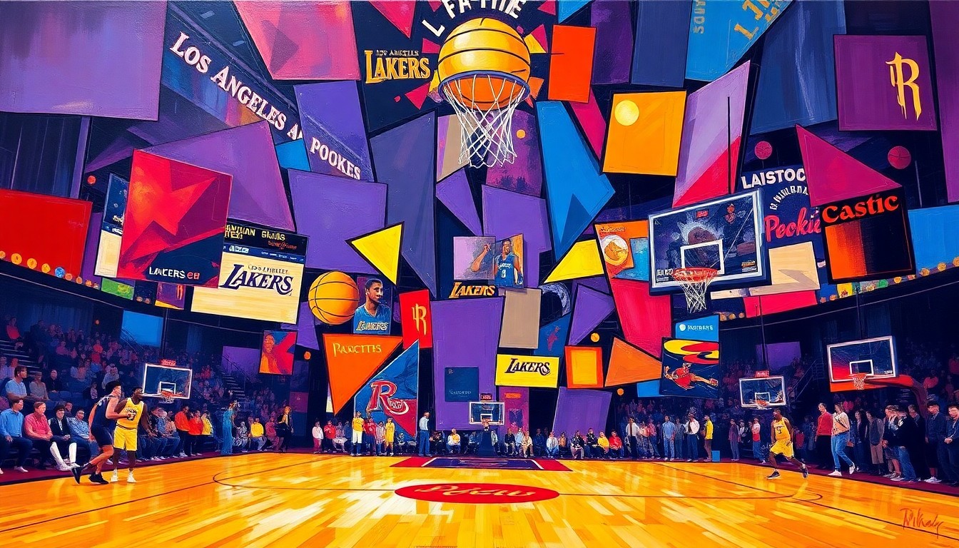 A cubist, geometric painting depicting a basketball game between the Los Angeles Lakers and Houston Rockets, with the players and court broken down into overlapping shapes and planes of vibrant colors.