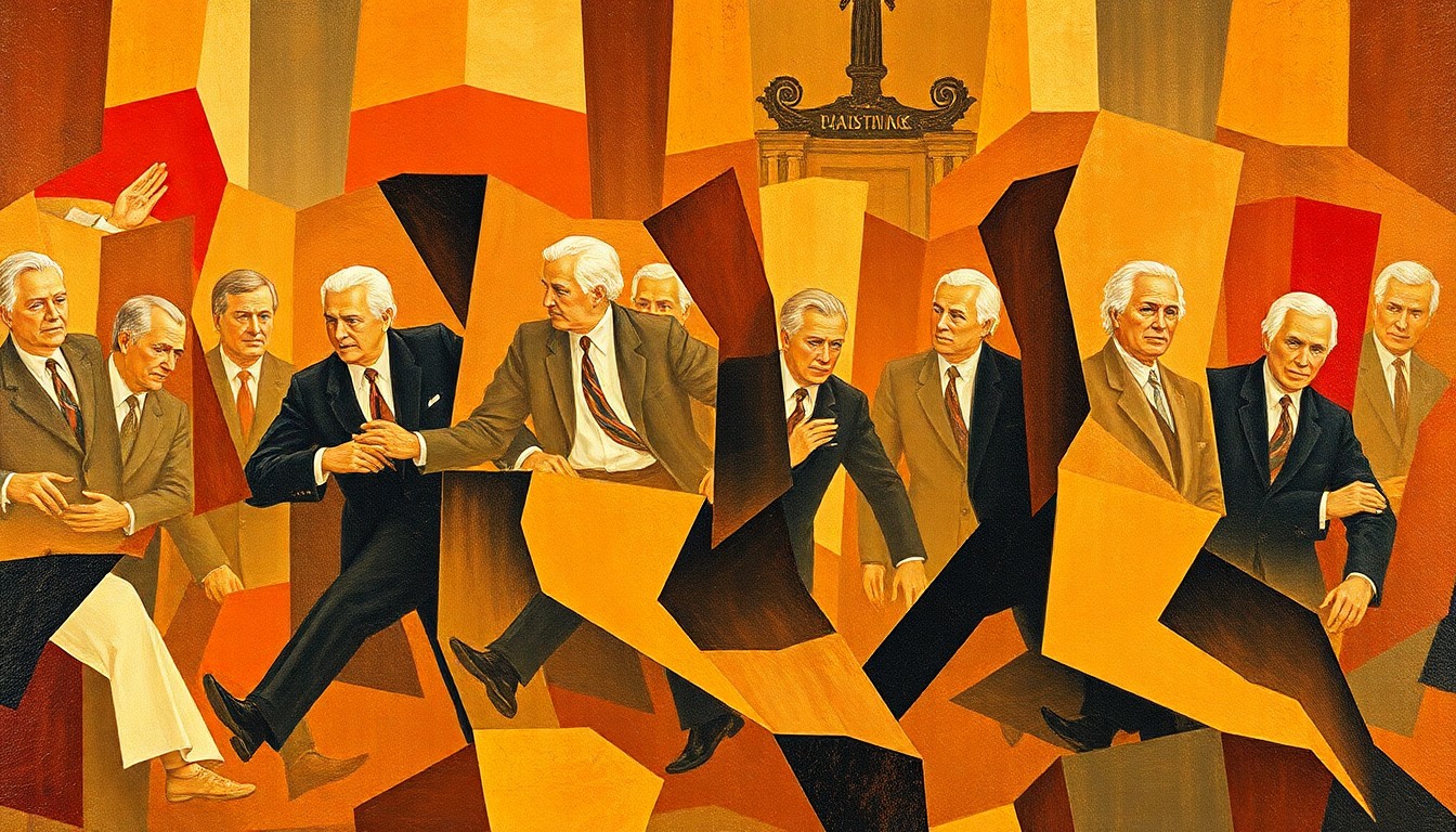 A fractured, abstract painting of a political figure or government building, repeated in overlapping geometric shapes and waves of warm, earthy colors, conceptually representing the volatility of the current political and economic landscape.