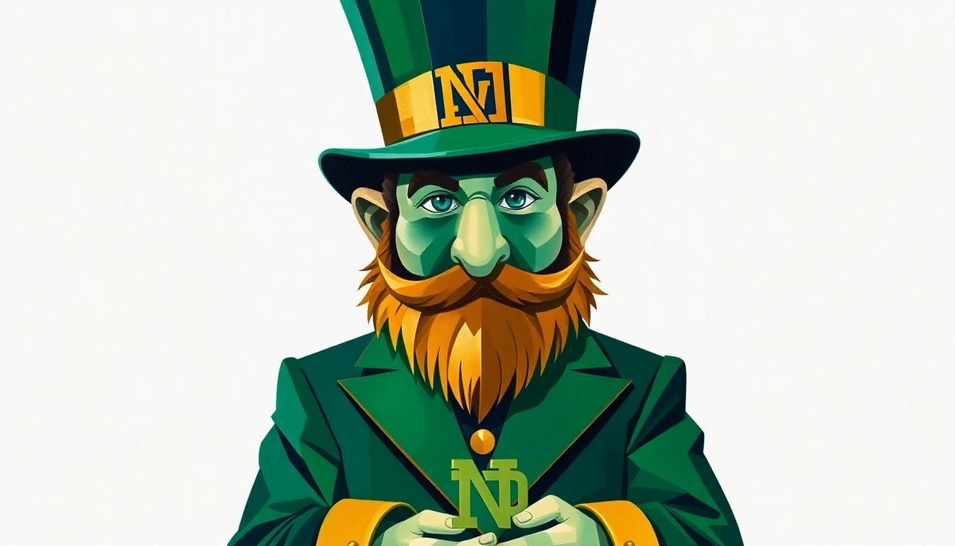 A cubist, geometric illustration depicting the Notre Dame Leprechaun mascot costume broken down into overlapping planes of emerald green, gold, and navy blue, capturing the spirit and tradition of this beloved college sports icon.