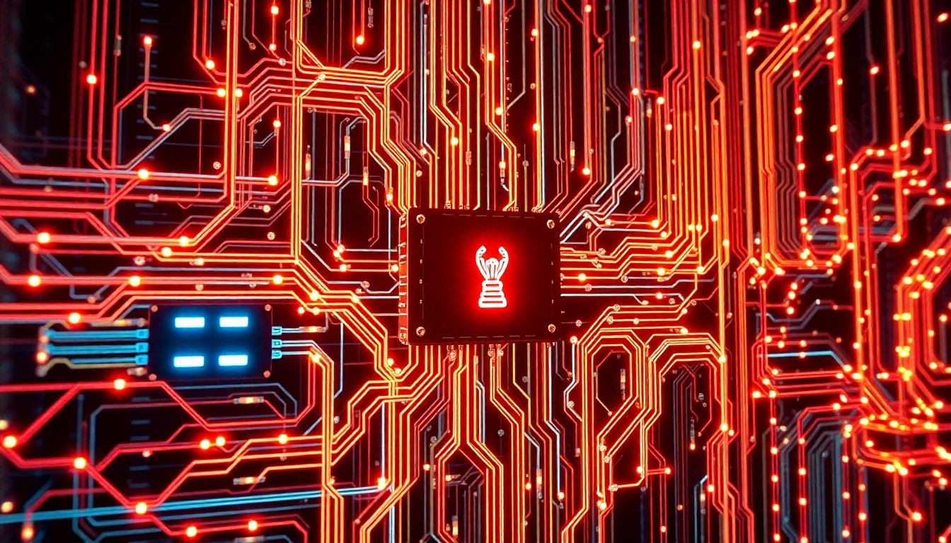 A highly detailed, glowing 3D macro illustration of a complex network of interconnected circuits, data cables, and pulsing neon lights, conceptually representing the advanced AI-powered identity security infrastructure of Linx Security.