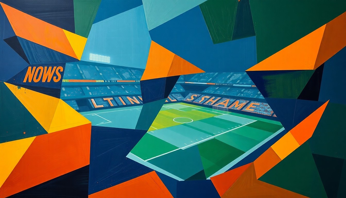 A fragmented, geometric painting depicting the dynamic movements and energy of a football game, with sharp planes of navy, orange, and green representing the sport's competitive spirit.