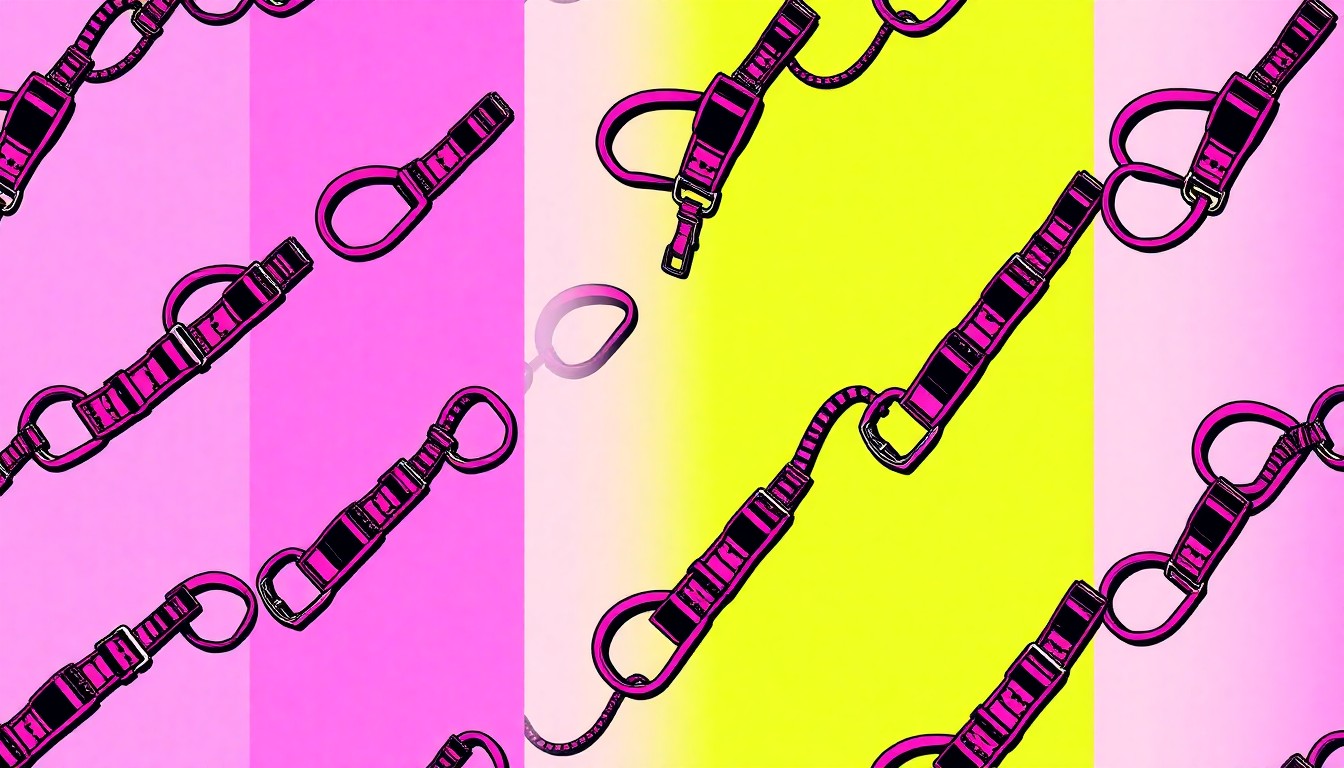 A boldly colored, repeating grid of dog collars and leashes in vibrant neon shades, conceptually representing the energy and community spirit of a veterinary clinic's milestone anniversary.