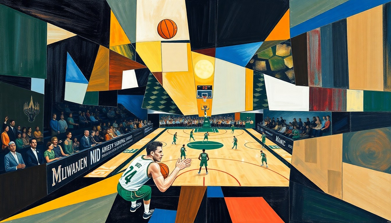 A fragmented, cubist-style painting depicting a basketball game between the Milwaukee Bucks and Orlando Magic, with the players and court broken down into sharp, overlapping geometric shapes and planes of color.