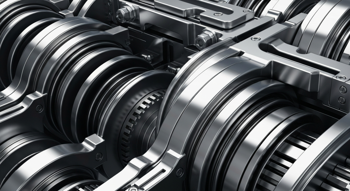 An extreme close-up of the gears, levers, and mechanisms of a large, industrial banking machine, conveying the complex infrastructure that enables Ally Financial's financial services.