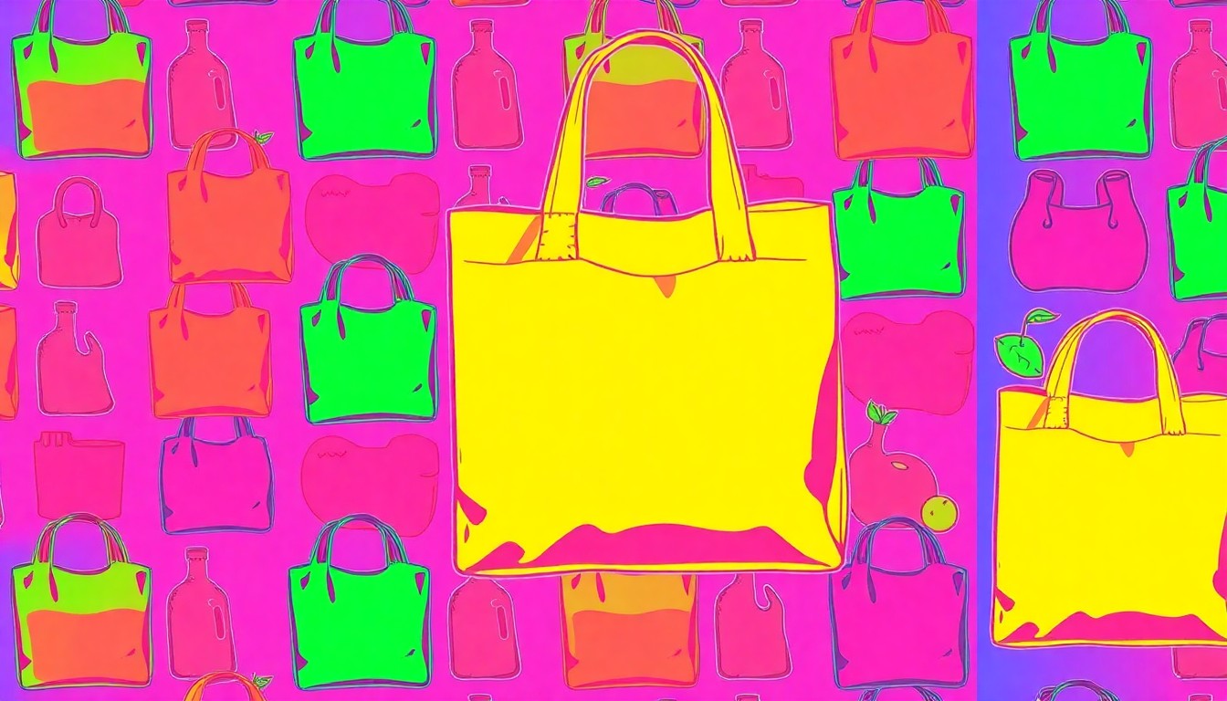 A brightly colored, high-contrast silkscreen print of a reusable grocery bag repeated in a tight grid pattern, conceptually representing the iconic products and community-driven values of a long-standing natural foods cooperative.