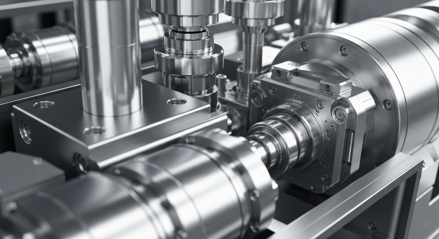 An extreme close-up of complex, metallic semiconductor manufacturing equipment, conveying the industrial might behind AXT's advanced materials.