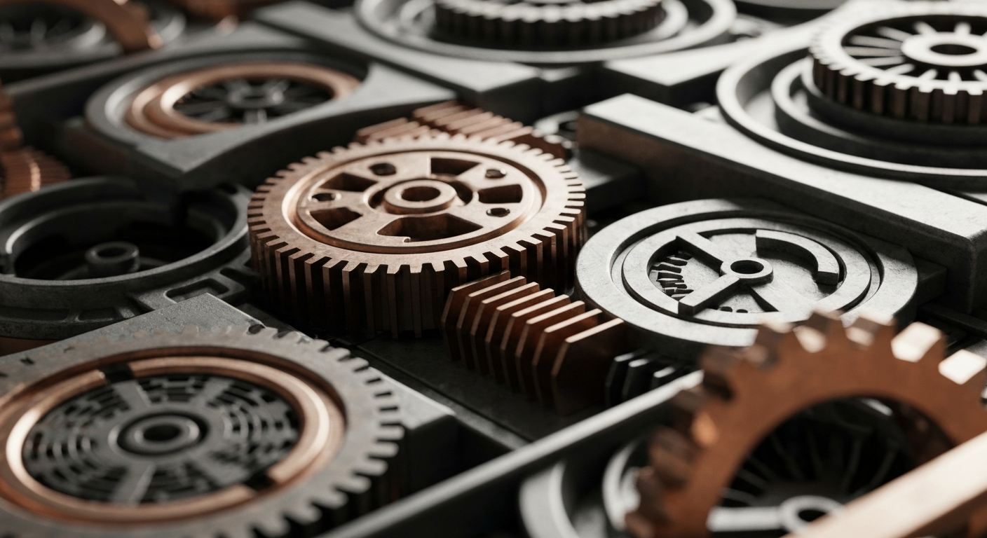 A highly detailed, macro-level view of industrial machinery and gears in muted, metallic tones, conceptually representing the complex financial infrastructure and technology behind cryptocurrency mining.