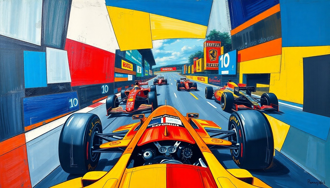 A cubist, geometric painting depicting a fragmented Formula 1 race scene, with sharp planes of color and overlapping perspectives conveying the complex dynamics at play in the sport's regulatory future.