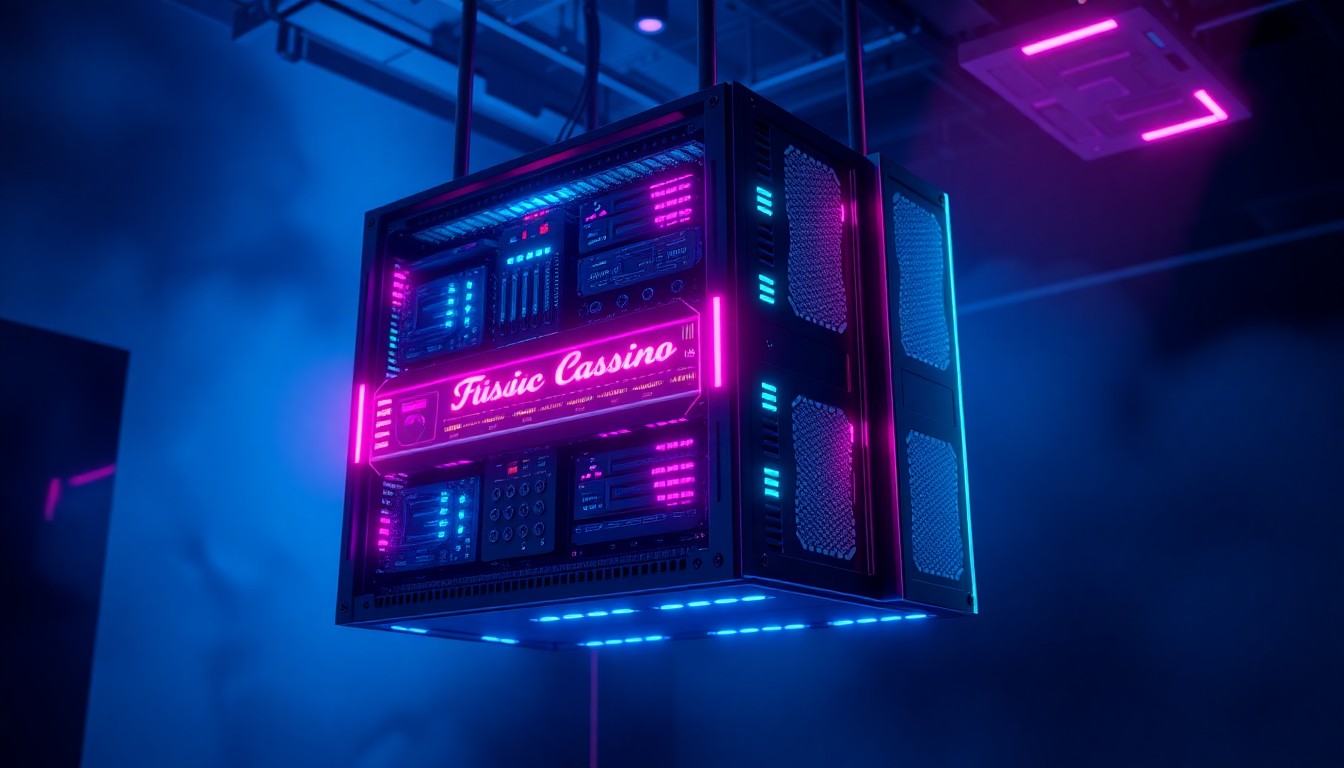 A highly detailed, glowing 3D illustration of a futuristic casino gaming server rack, with neon cyan and magenta lights illuminating the intricate hardware components, conceptually representing the powerful cloud-based infrastructure that enables modern casino platforms to scale and perform globally.