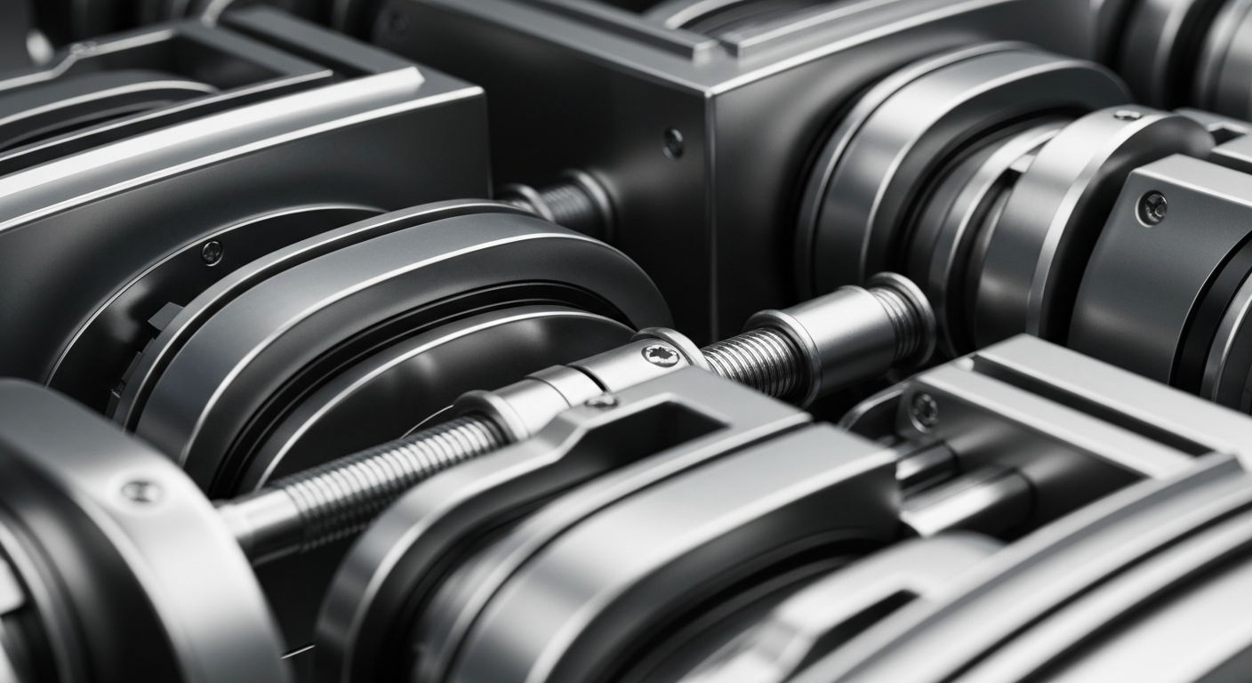 A highly detailed, cinematic close-up of gleaming, industrial banking machinery and components, representing the secure, institutional nature of commercial real estate finance without using literal currency or charts.