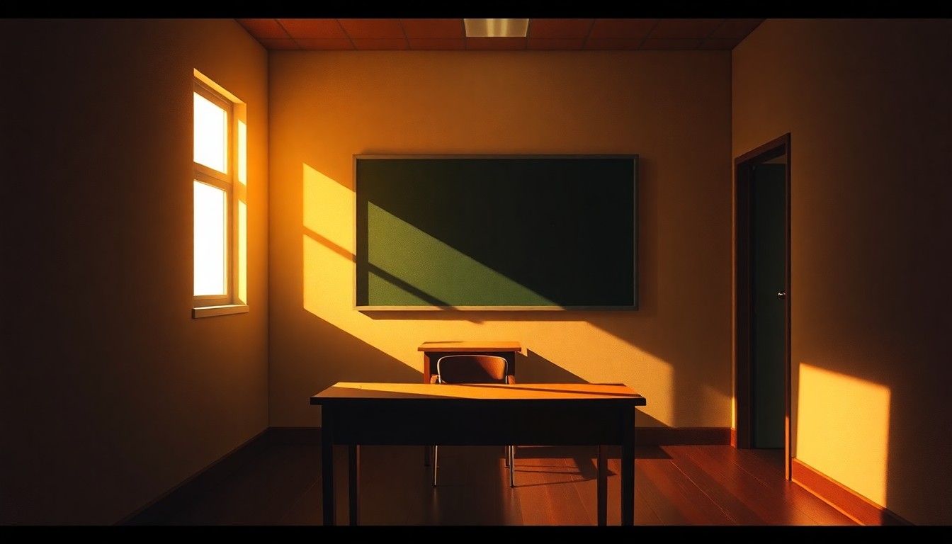 A dimly lit classroom with a solitary teacher's desk in the foreground, the desk illuminated by warm, diagonal sunlight casting deep shadows across the room, conceptually representing the uncertainty and anticipation surrounding pension reform for New York educators.