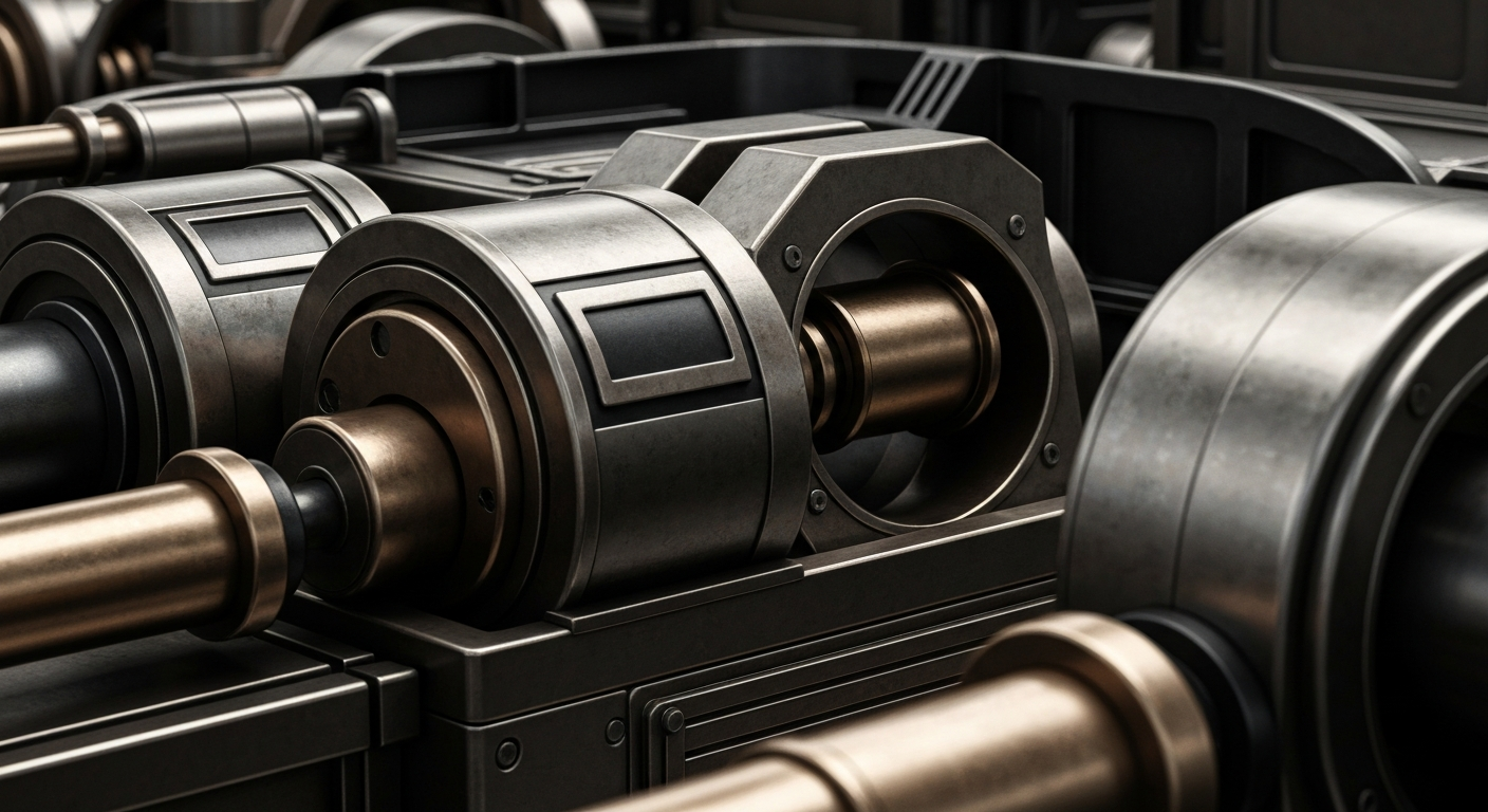 An extreme close-up of intricate, metallic banking machinery and equipment, conveying the robust, industrial nature of the financial sector without using any literal currency or financial symbols.