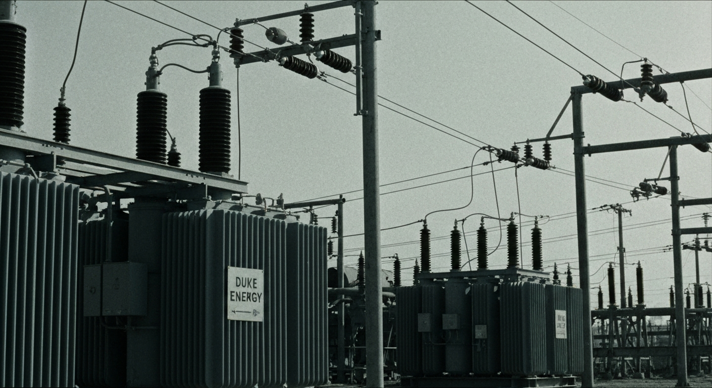 An extreme close-up of the intricate machinery and equipment that powers Duke Energy's electrical grid, captured in a high-contrast, industrial documentary style that conveys the company's role as a critical infrastructure provider.