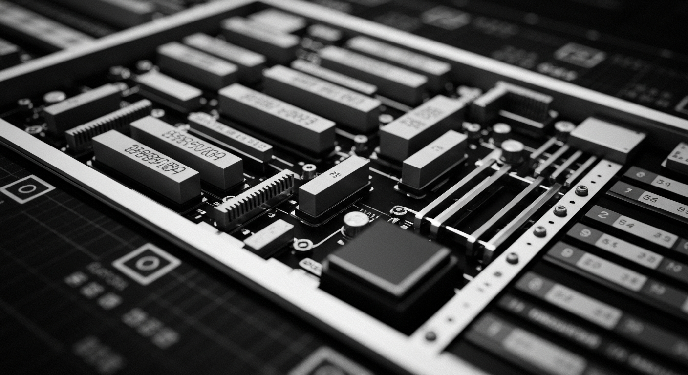A high-contrast, close-up image of the intricate mechanical components and circuitry of a financial trading platform, conveying a sense of the complex, industrial nature of modern finance and investment.