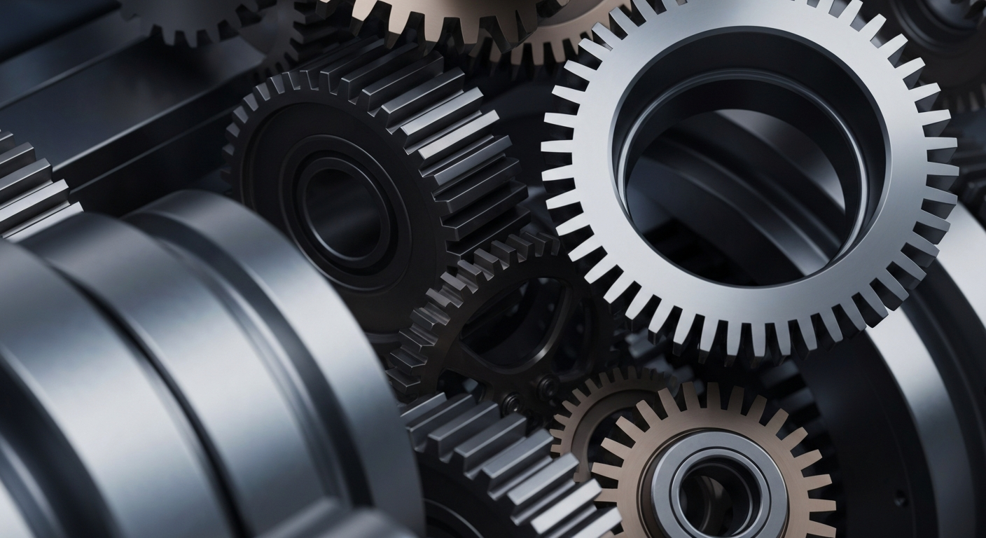 An extreme close-up of intricate, heavily textured metal gears and machinery in shades of grey, bronze, and blue, conceptually representing the industrial might and financial stability of a major technology company.
