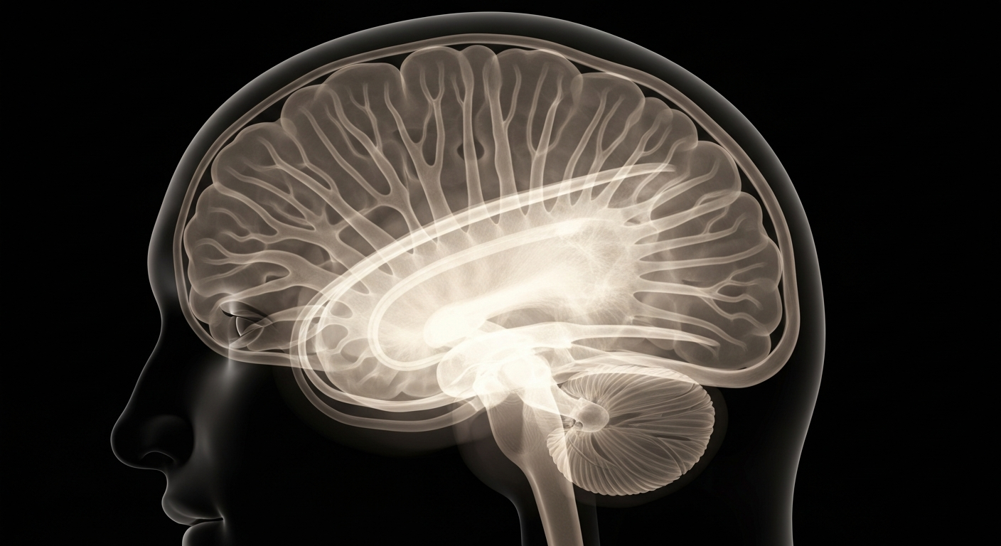 A ghostly, translucent X-ray image of a human brain, with its intricate neural pathways and structures visible as glowing lines against a dark background, conceptually representing the need for specialized, clinically-sound AI platforms to support mental health.