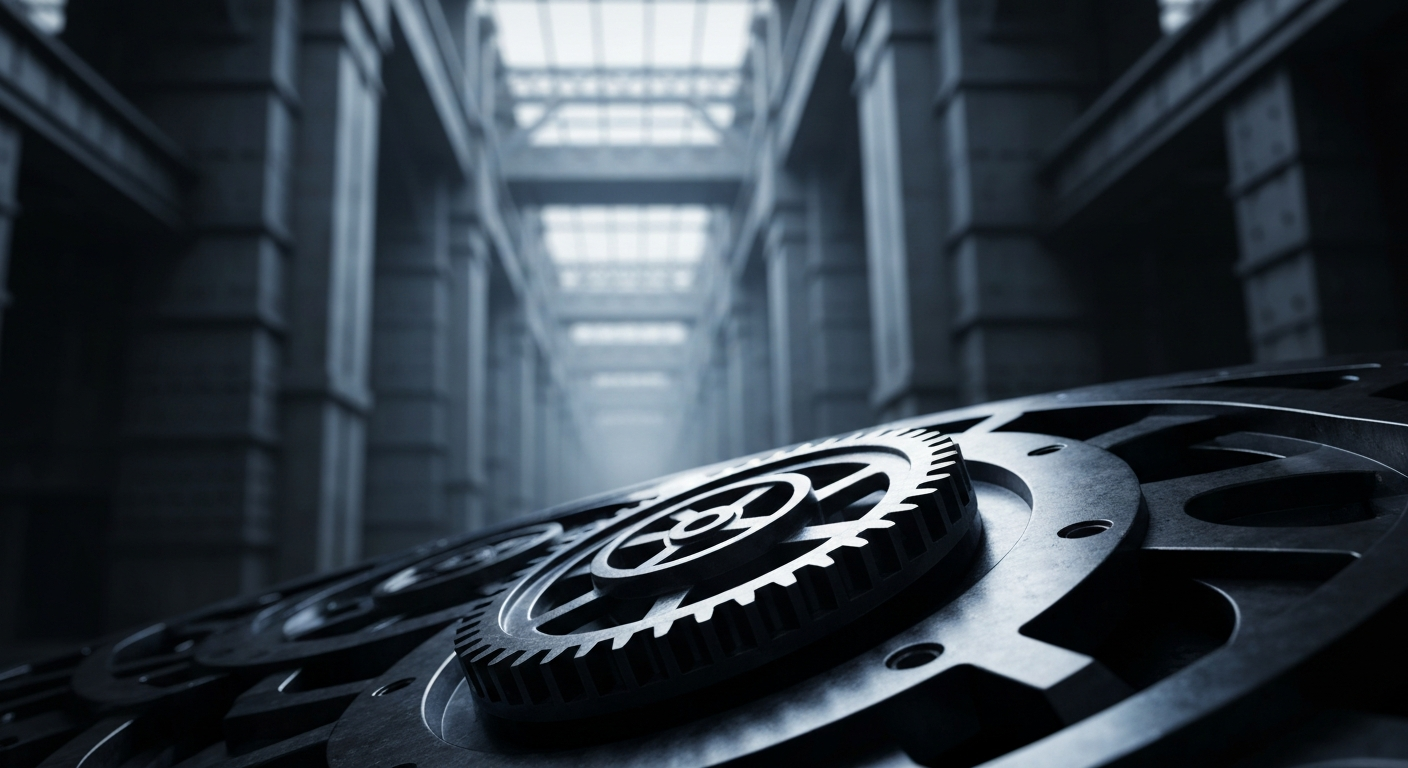 An extreme close-up of the complex mechanical components that make up the inner workings of a banking or financial institution, representing the complex systems that support the gaming industry.