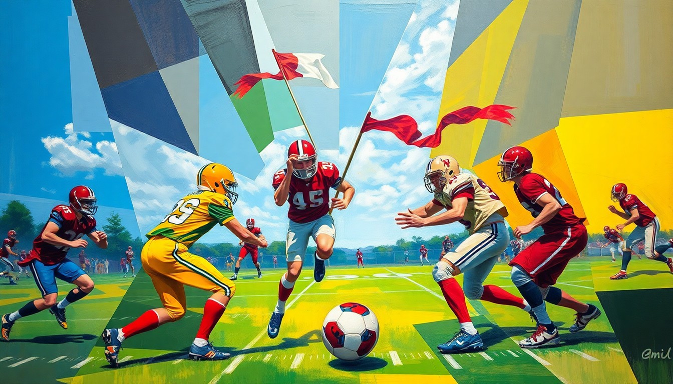 A fractured, cubist-style painting depicting a flag football game, with players' bodies and the ball broken down into sharp, overlapping geometric shapes in the team colors of MacArthur Generals and Plainview-Old Bethpage, conceptually representing the competitive intensity of the sport.