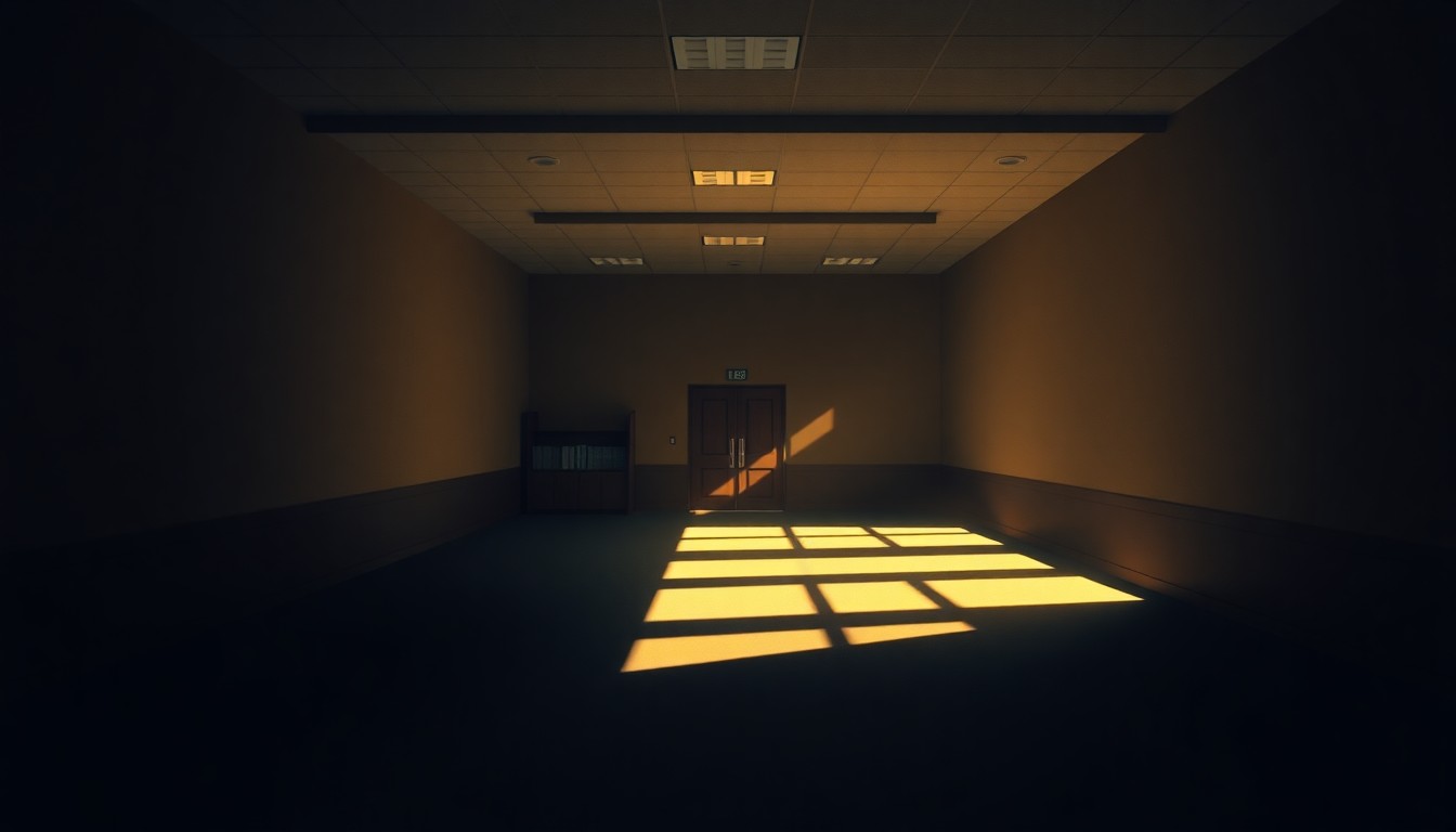 A serene, photorealistic painting of an empty government office or building interior, with warm light streaming through the windows and deep shadows, conveying a sense of quiet contemplation about the role of ethics and transparency in local politics.