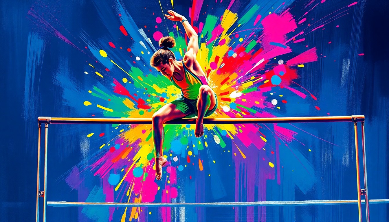 An abstract, expressionist painting in neon colors depicting the fluid, dynamic movements of a gymnast performing on the uneven bars, with the figure's details dissolved into a blur of brushstrokes.