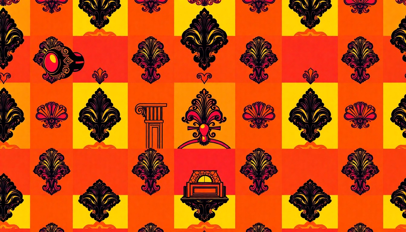 A high-contrast, brightly colored silkscreen print of a decorative door handle or window frame, repeated in a grid pattern to create a modern pop art representation of a historic home's architectural details.