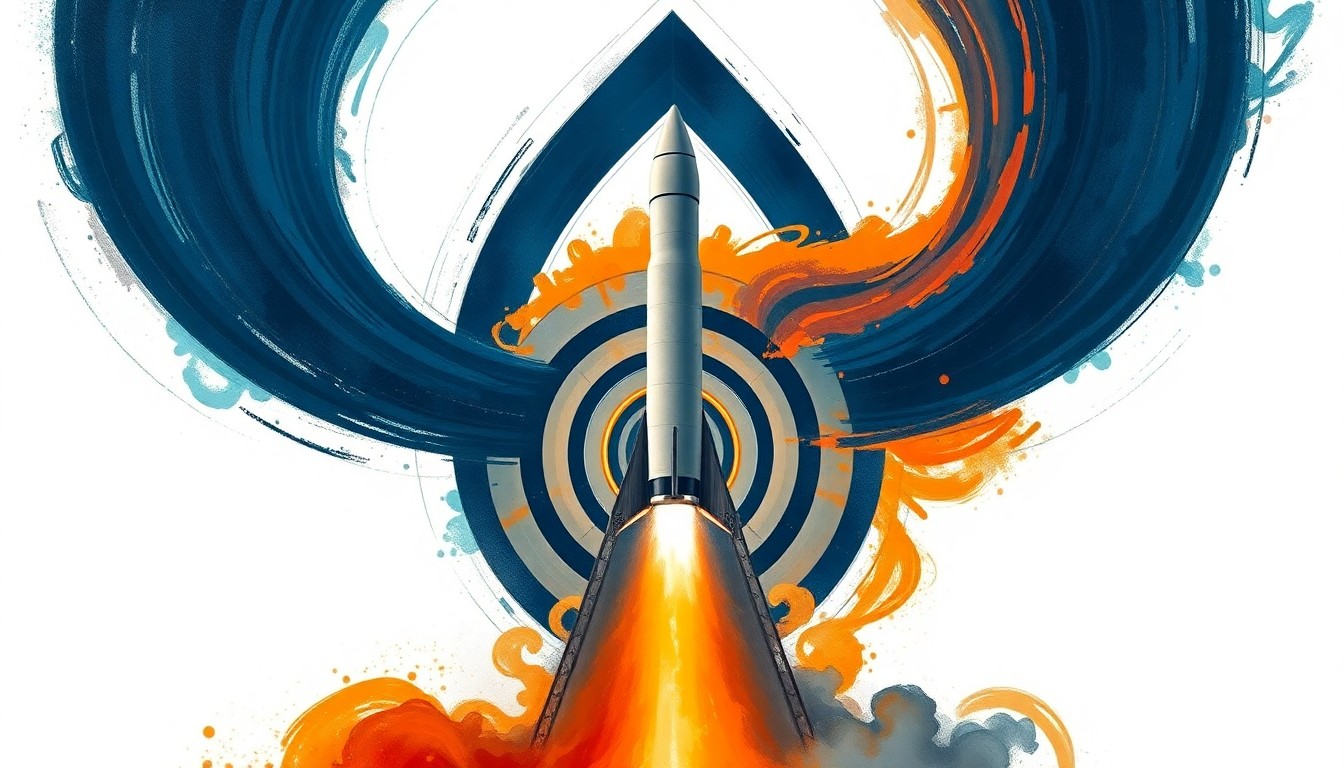 A highly textured, abstract painting in shades of blue, orange, and gray, depicting the sweeping curves and precise geometry of a powerful rocket launch, conveying the complex forces and technology involved.