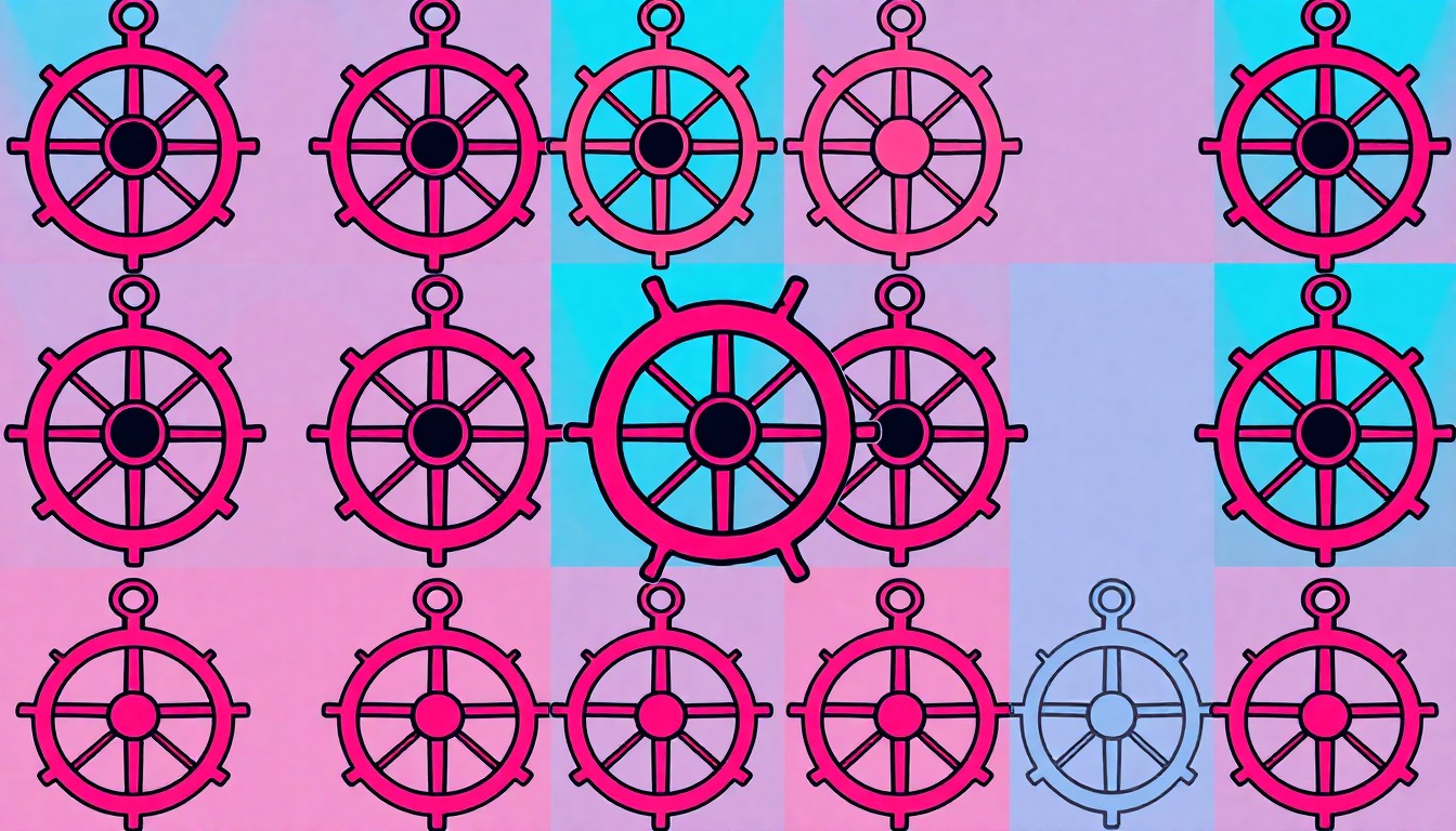 A high-contrast, brightly colored silkscreen print of a ship's wheel repeated in a grid pattern, capturing the classic nautical theme of the long-running Denver restaurant.