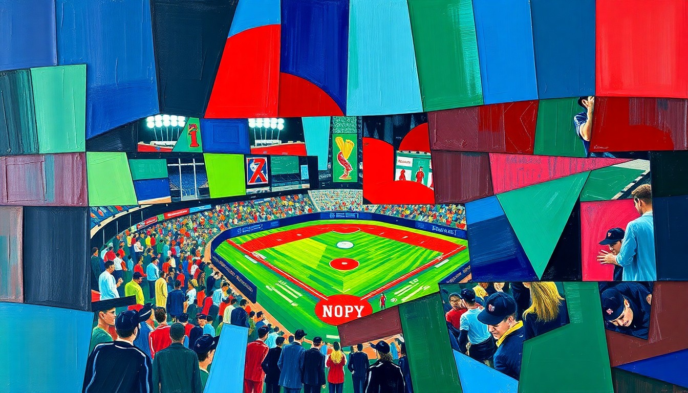 A cubist, geometric painting depicting fragmented, overlapping shapes and planes in navy, green, and red, conceptually representing the multifaceted journey of a baseball player from junior college to the major leagues.
