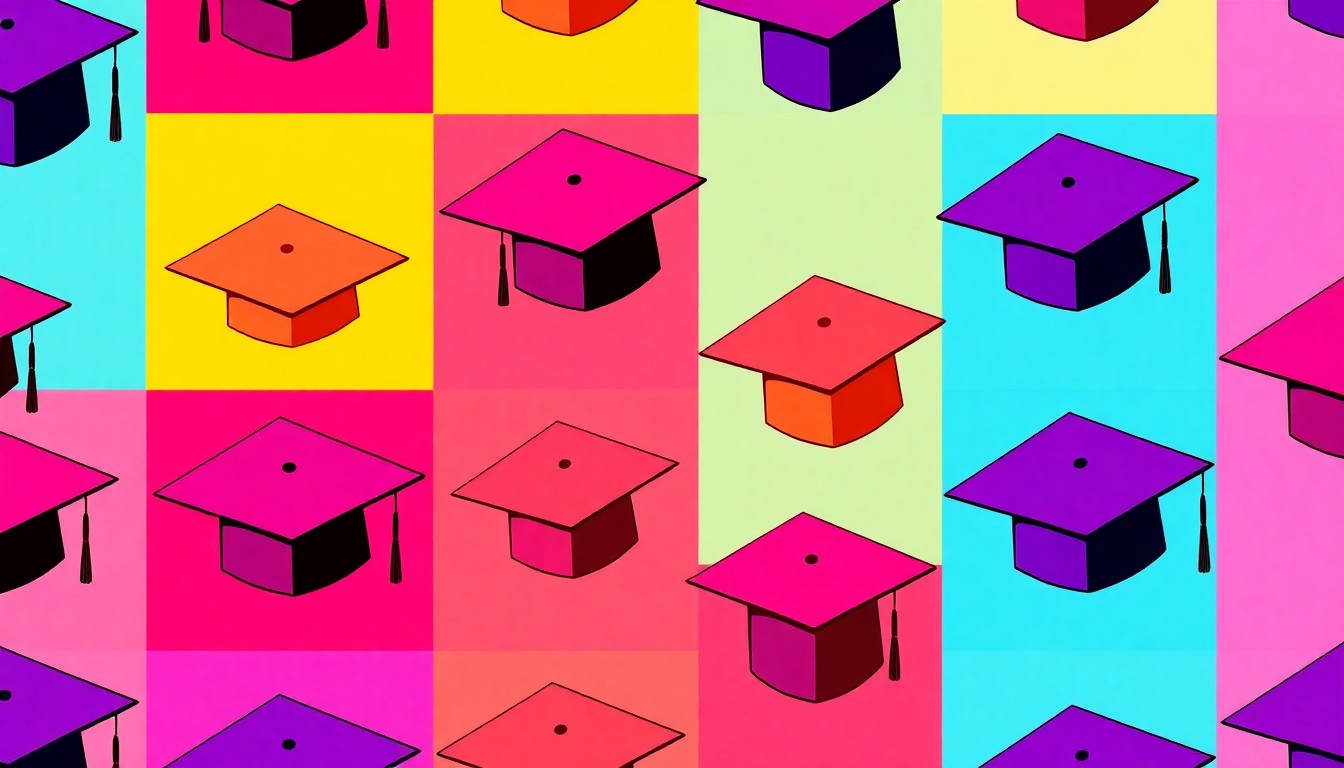 A highly stylized, abstract grid of brightly colored graduation caps in neon shades of pink, yellow, and blue, conceptually representing the energy and excitement of a high school commencement ceremony.