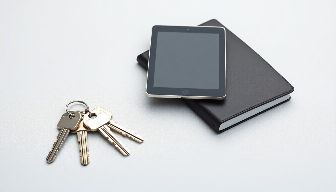 A photorealistic studio still life featuring a set of polished metal keys, a sleek tablet device, and a modern leather-bound notebook, symbolizing the abstract concepts of real estate investment, property management, and passive income.
