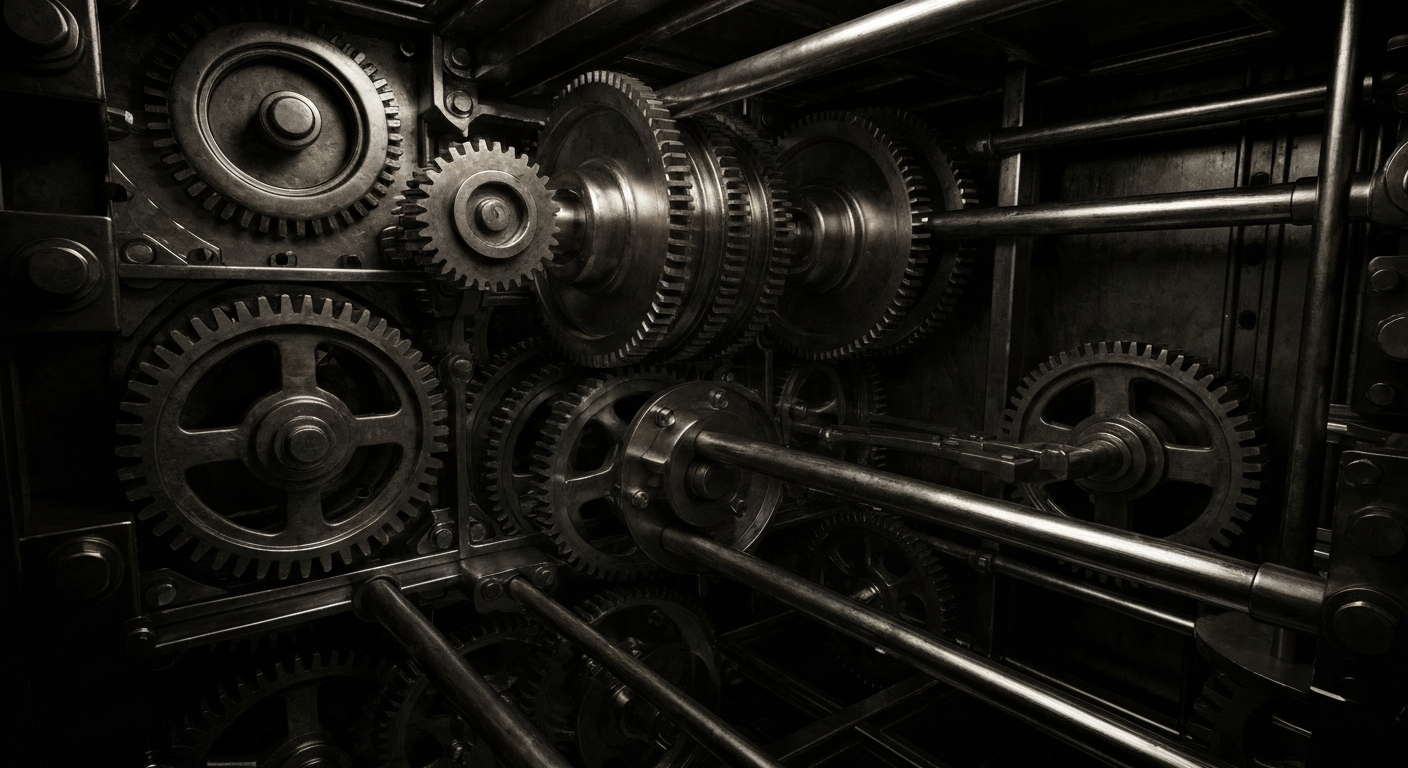 An extreme close-up of intricate gears, cogs, and machinery in a banking vault, bathed in dramatic shadows and highlights, conceptually representing the complex financial infrastructure that powers Truist Financial's operations.