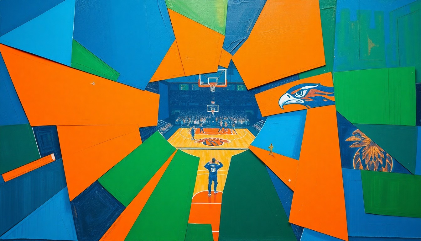 A cubist, geometric painting depicting an abstract basketball game, with overlapping planes of blue, orange, and green representing the action on the court.
