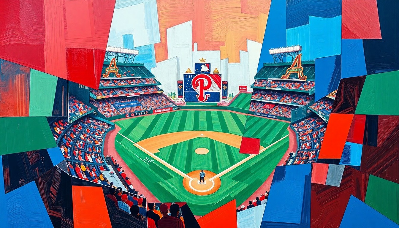 A fragmented, geometric painting in bold colors depicting a baseball game between the Philadelphia Phillies and Atlanta Braves, with players and field elements broken down into overlapping shapes and planes.