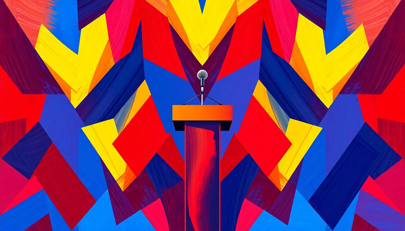 A fractured, abstract painting featuring a central podium or microphone shape repeated in overlapping geometric waves of bold, clashing colors, conceptually representing the heated debate over public meeting decorum rules.