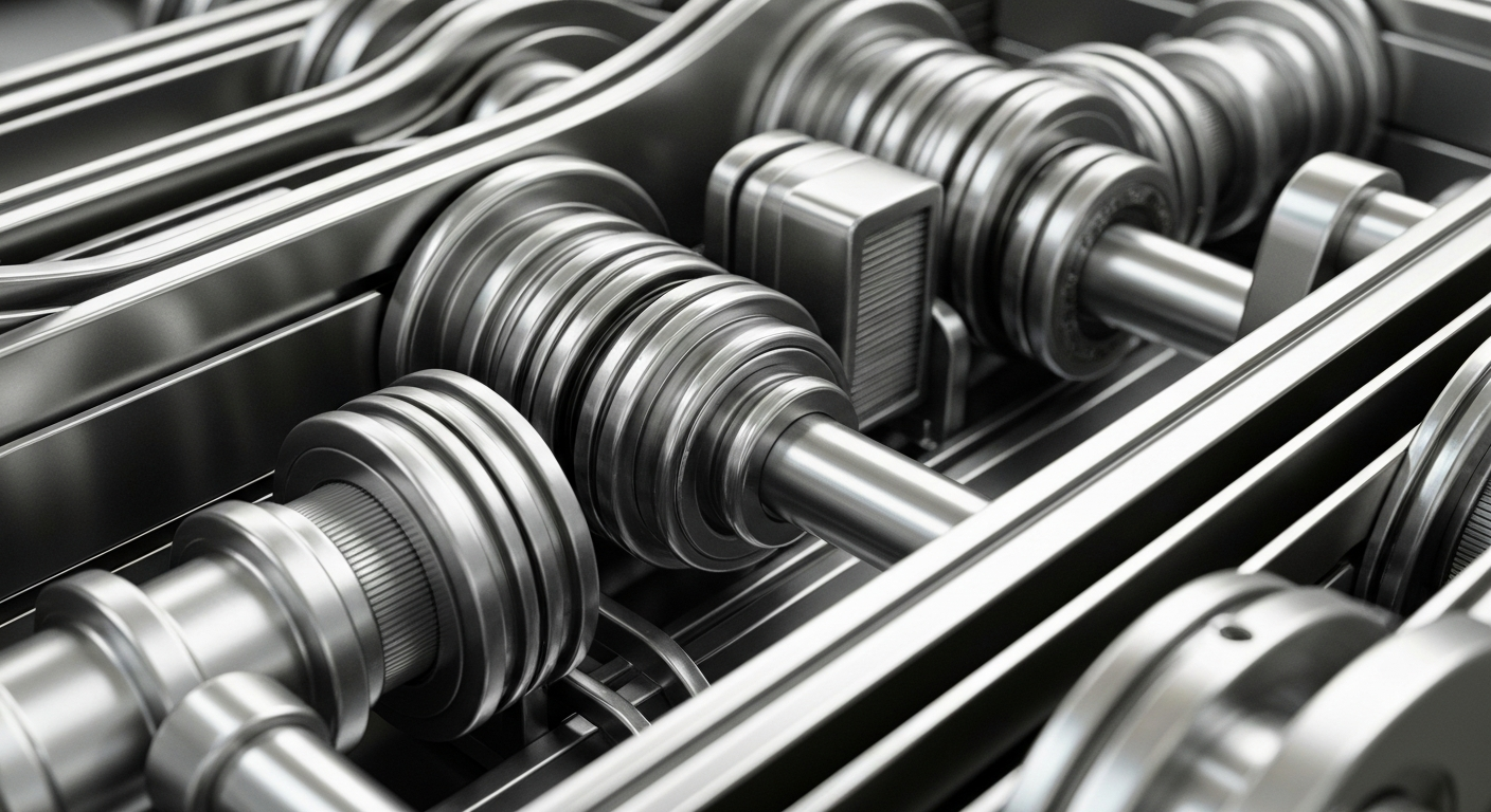 A highly detailed, cinematic close-up image of the complex machinery and mechanisms that power the banking industry, conveying a sense of institutional strength and security without using any text or symbols.