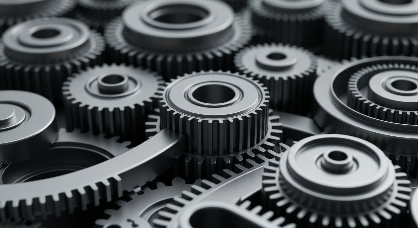 An extreme close-up of intricate, polished metal gears and machinery in shades of silver, steel, and charcoal, conceptually representing the complex inner workings of the semiconductor industry.
