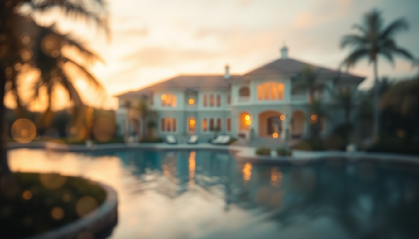 An extremely abstracted, out-of-focus photograph depicting the blurred, golden-hued details of a luxurious waterfront estate, with hints of lush landscaping and the faint reflection of the Intracoastal Waterway, conceptually representing the serene and elegant atmosphere of this newly built property.