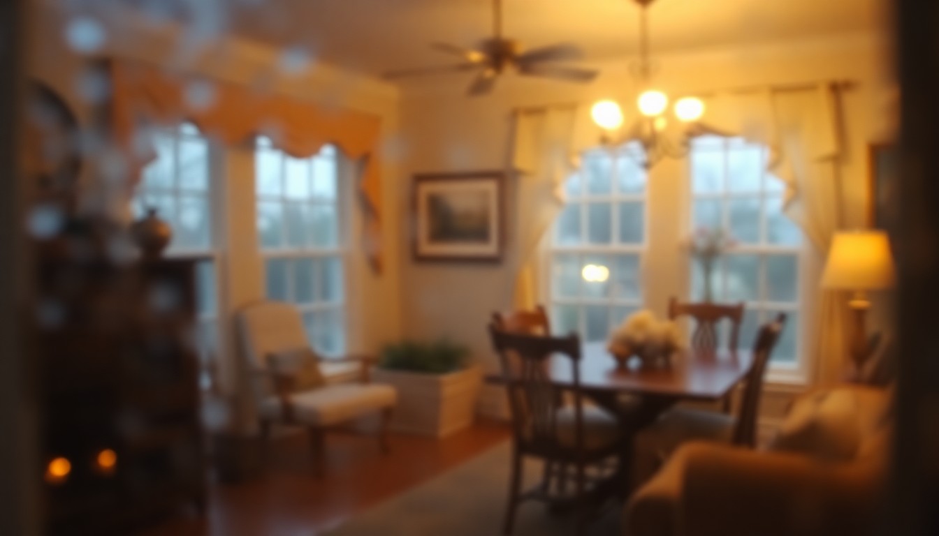 An extremely blurred and abstracted image of a warm, cozy interior scene, with soft pools of light and color suggesting the comforts of a well-appointed home.