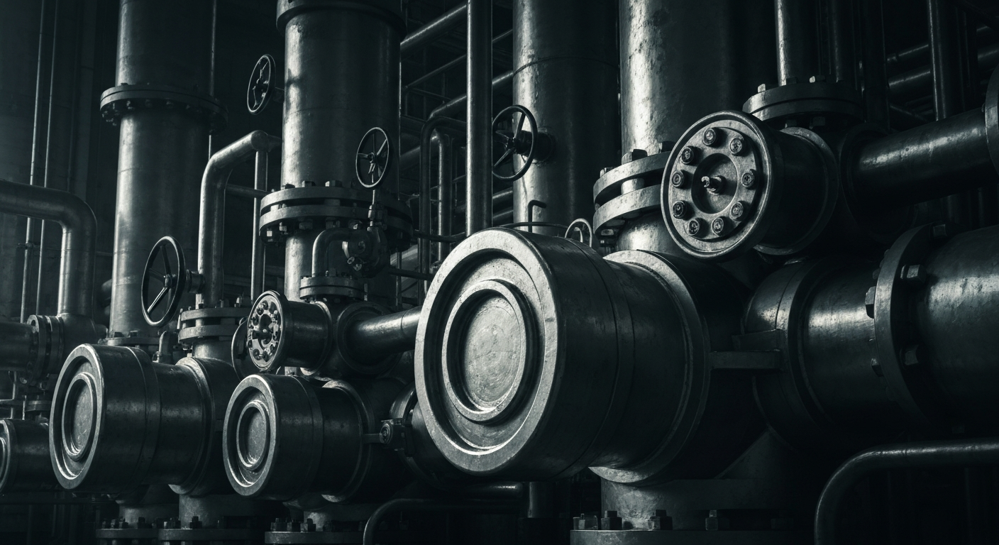 An extreme close-up of gleaming, intricate industrial machinery and equipment used in oil refining, conveying a sense of technological sophistication and economic might without any text or identifiable branding.