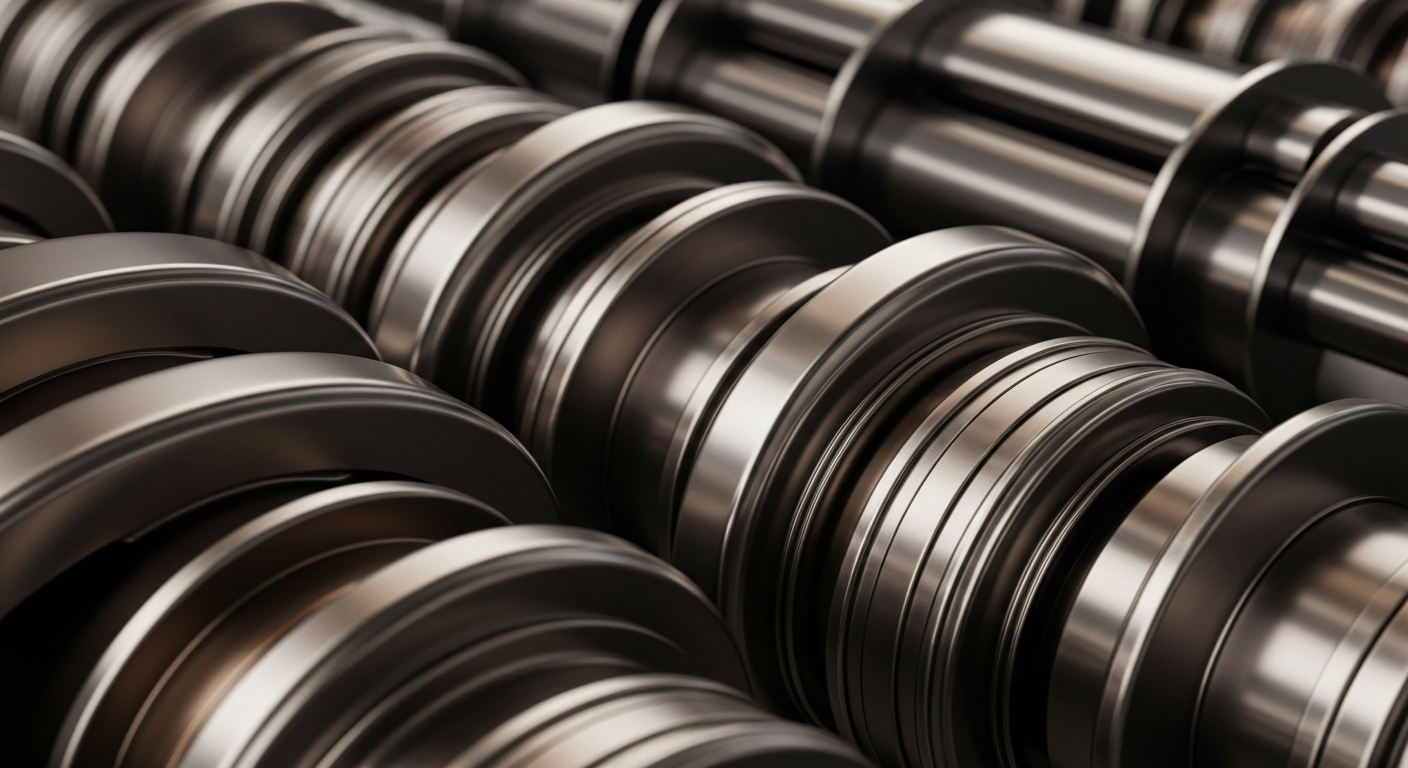 An extreme close-up of intricate, heavy banking machinery and mechanisms in shades of steel grey, bronze, and chrome, conveying a sense of institutional financial power and security.