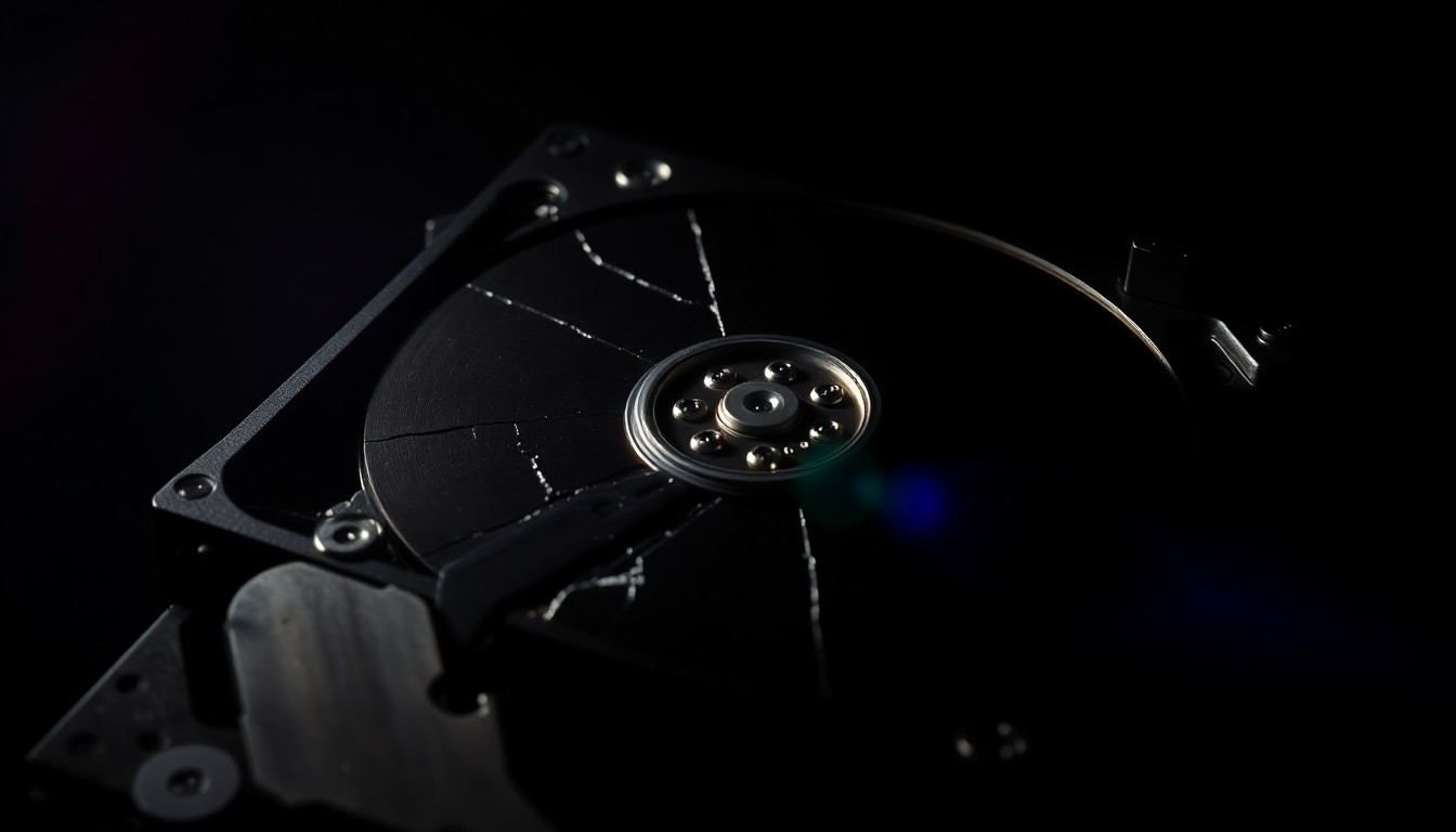 An extreme close-up photograph of a cracked and damaged computer hard drive, lit by a harsh, direct camera flash, conceptually representing the aftermath of a data breach.